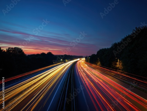 busy highway at dusk with car lights creating vibrant streaks of color