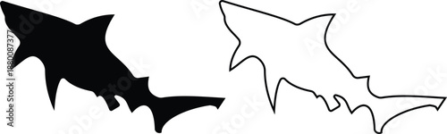 Shark icon set in silhouette and outline style, marine predator fish shapes in multiple swimming poses, black and line ocean animal vector illustration collection