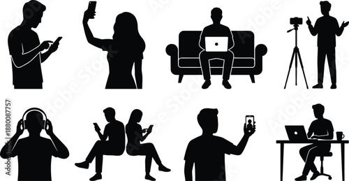 Modern Lifestyle People Silhouettes Set Using Social Media Smartphones and Laptops