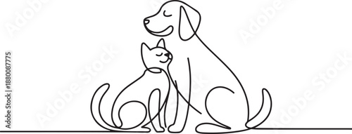 Single continuous line drawing of cat and dog love each other. one line Art icon drawing vector