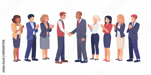 A diverse group of professionals applauding a handshake agreement