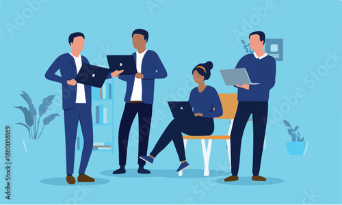 Team of businesspeople with computers - Four people in business office working on laptops together, smiling and enjoying work. Teamwork and togetherness concept in flat design vector illustration