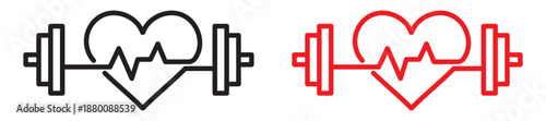 Strong health heart line icons set. Editable stroke symbols featuring barbells combined with heartbeat elements in black and red colors, ideal for fitness, gym  healthy lifestyle design projects.