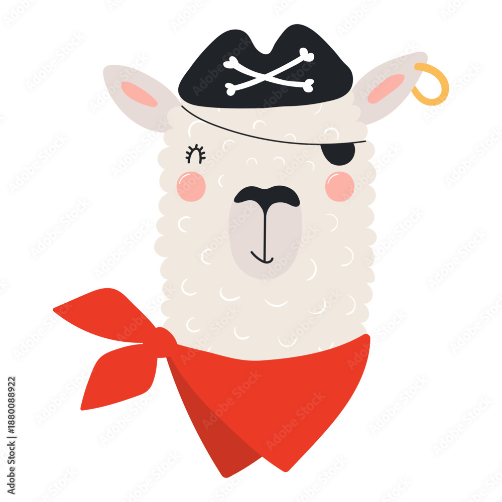 Fototapeta premium Cute little llama pirate isolated on transparent. Kawaii cartoon character. Hand drawn flat vector illustration. Kids nautical design element, clip art, fashion print, poster, wall art