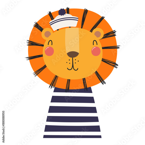 Cute little lion sailor isolated on transparent. Kawaii cartoon character. Hand drawn flat vector illustration. Kids nautical design element, clip art, fashion print, poster, wall art