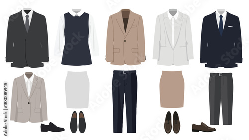 Flat lay illustration of business attire and accessories arranged on a white background.