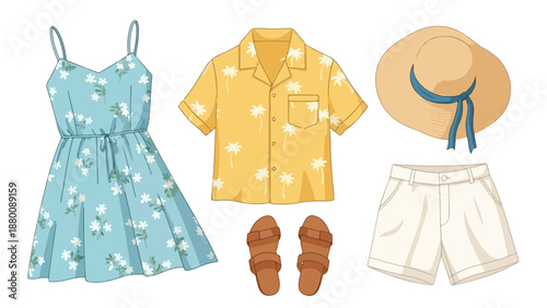 Flat lay of summer clothing and accessories including a blue dress, yellow shirt, white shorts, sandals, and hat on a white background.