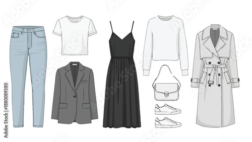 Flat lay illustration of women's clothing and accessories including jeans, dresses, jackets, shoes, and a handbag against a clean white background.
