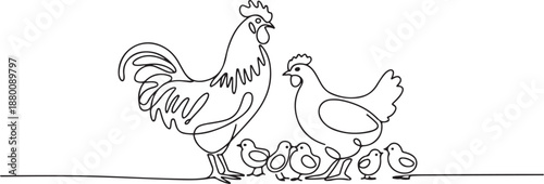 Continuous one line drawing of rooster and hen chicken family vector illustration. one line Art icon drawing vector