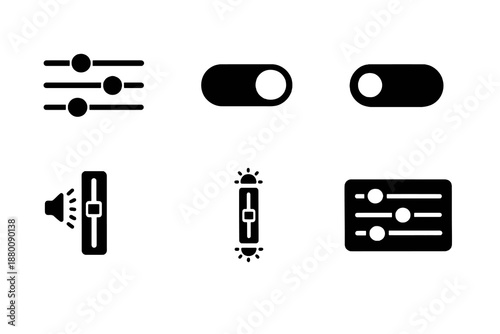 Set of 6 adjustment and control slider icons designed for settings panels, user interfaces and digital products. Clean monochromatic vector symbols for web and mobile use.