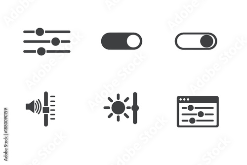 Digital settings slider icon set showing controls, toggles and interface adjustments. Monochrome flat vector icons ideal for UI, apps, websites and system dashboards.