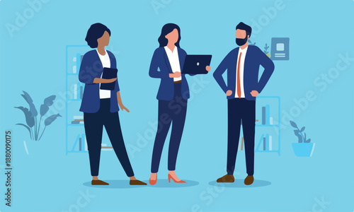 Group of office people - Businesspeople working in team, standing together with computers, smiling and discussing work. Colleague teamwork concept in flat design vector illustration.