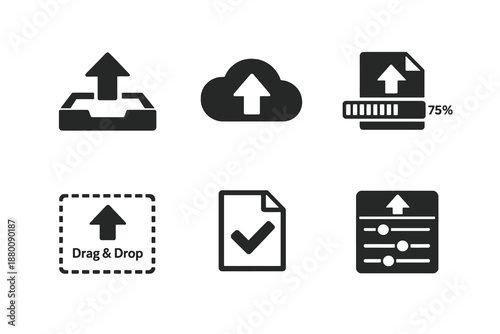 Set of 6 file upload and transfer icons designed for cloud platforms, forms and data submission interfaces. Clean monochromatic vector symbols for web and mobile use.