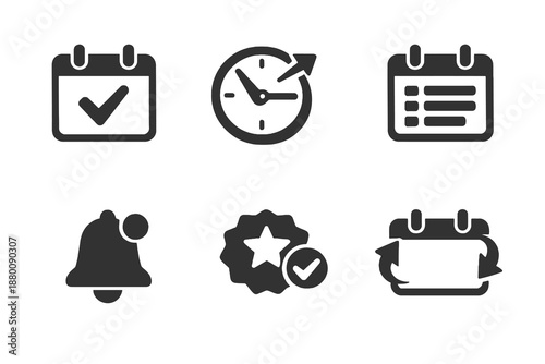 Online calendar scheduling icon set with events, reminders and time management symbols. Monochrome flat vector icons ideal for UI, productivity apps and websites.