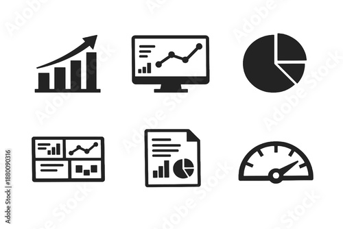 Set of 6 analytics and statistics icons designed for dashboards, business intelligence tools and data-driven interfaces. Clean monochromatic vector symbols for software and web apps.