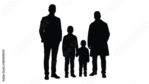Silhouettes of a family standing together showcasing parents and two children in dark tones