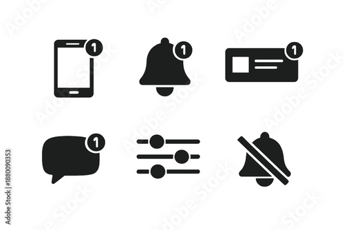 Mobile app notification icon set showing alerts, messages and notification settings. Monochrome flat vector icons ideal for UI design, apps, websites and dashboards.