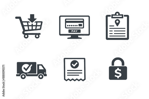 Set of 6 ecommerce checkout icons for secure payment and order flow. Clean monochromatic vector symbols designed for online stores, mobile apps and web interfaces.