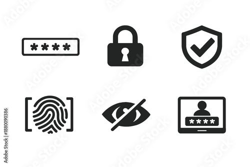 Set of 6 password and authentication icons showing secure login, privacy and digital protection. Clean monochrome vector symbols ideal for software, dashboards and mobile apps.