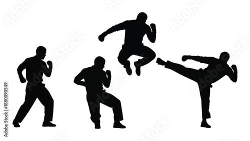 Silhouettes of martial artists demonstrating dynamic movements and stances in a sequence