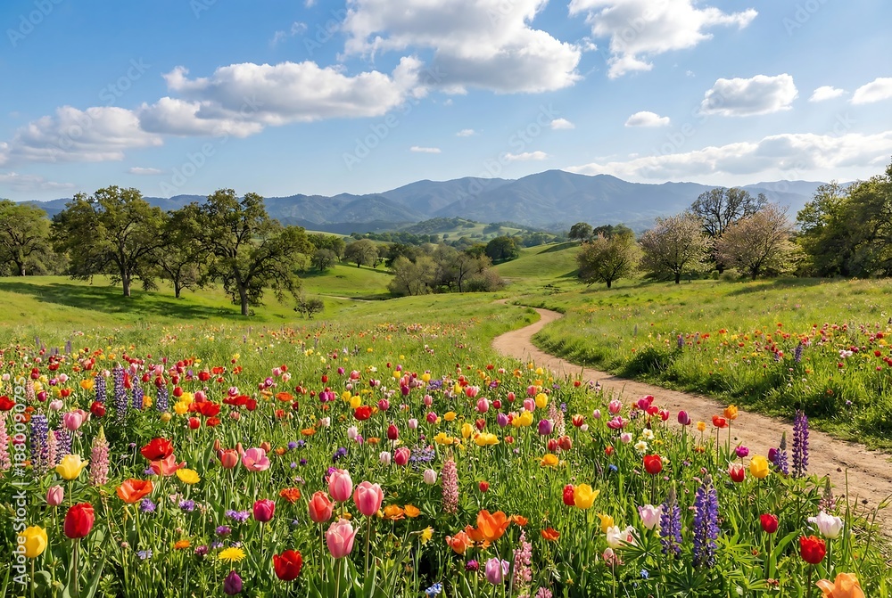 Fototapeta premium a vibrant landscape showcases a winding dirt path through a wildflower meadow with rolling green hills and distant mountains under a blue sky