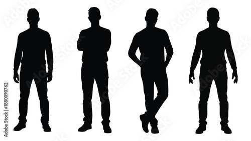 Four silhouetted men standing in various poses against a plain white background