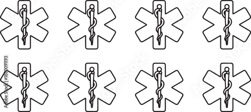 Medical star icons set. Medical alert emergency, EMT, EMS, Star of Life, Nurse, one line Art icon drawing vector