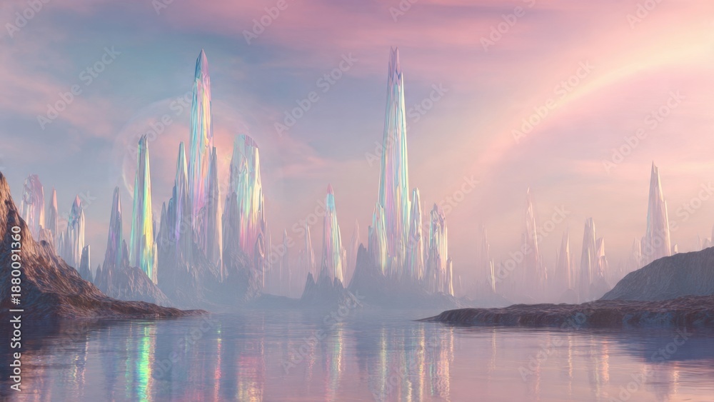Fototapeta premium Crystal towers over serene lake at dawn.