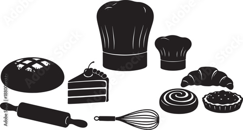 Black and white of baking tools and pastries including croissants, cake, bread, and chef hats also transparent background