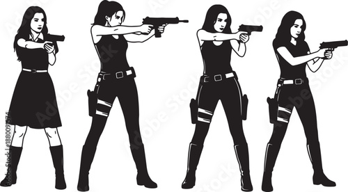 Four black and white female characters holding guns in different poses also transparent background