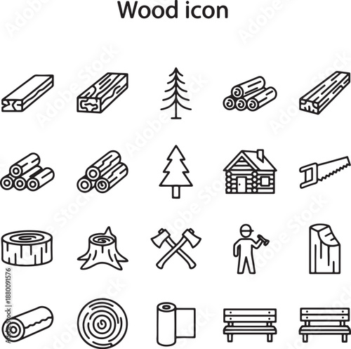 Set of black and white wood including logs, trees, saws, benches, and a person holding an axe also transparent background