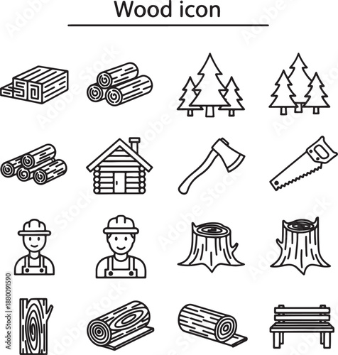 Set of black and white wood-related including logs, trees, tools, and workers also transparent background