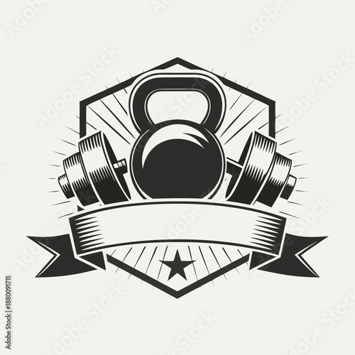 Vintage fitness emblem with kettlebell dumbbells and ribbon banner design
