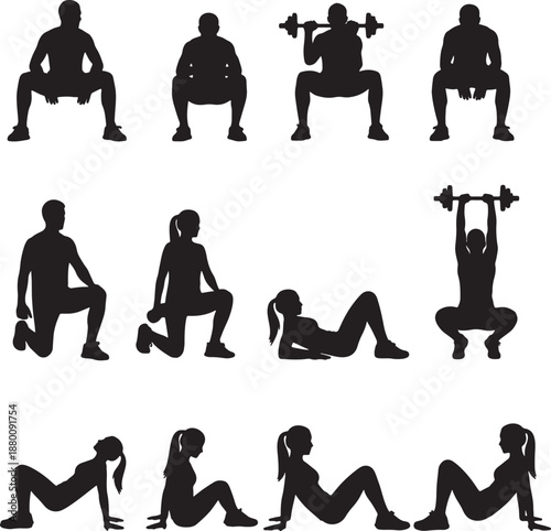 Silhouettes of People Performing Various Exercises and Lifting Weights also transparent background workout