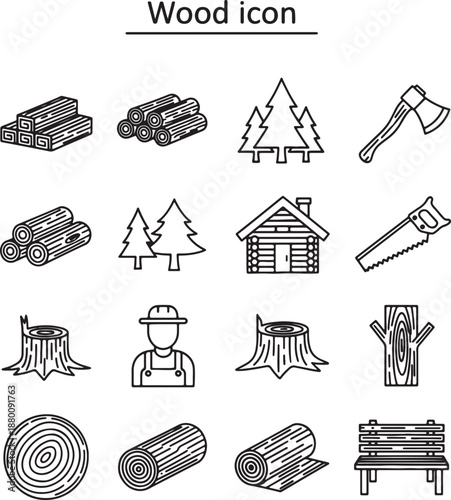 Set of black and white wood including logs, trees, tools, and a cabin also transparent background
