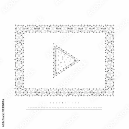 Abstract play button illustration composed of small dots within a rectangular frame