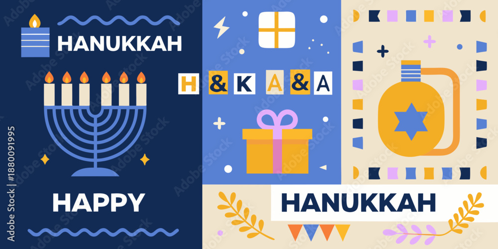 Obraz premium Colorful hanukkah celebration graphic with menorah gifts and festive decorations