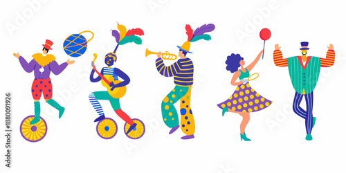 A vibrant illustration of a colorful circus parade with various performers