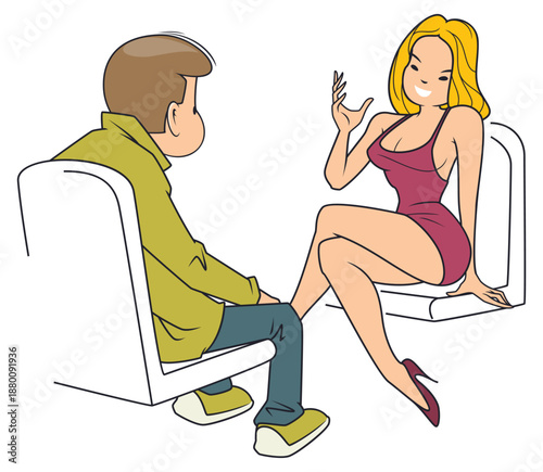 Flirtatious woman engages shy man.