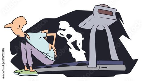 Suffering man on gym treadmill.