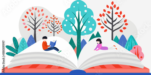 An open book creates a landscape with trees and reading figures