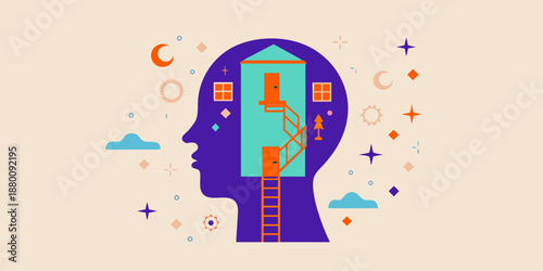 A colorful illustration of a mind with a house and staircase inside