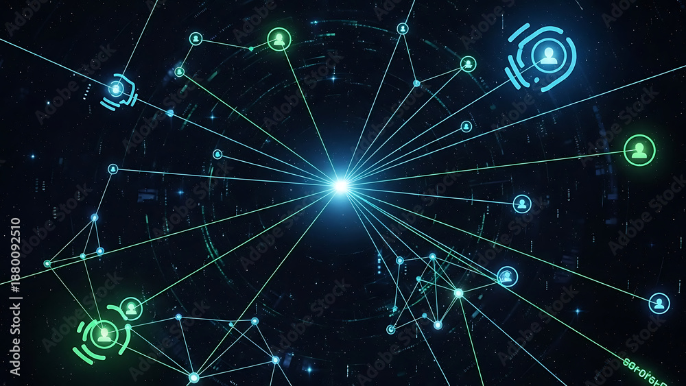 Obraz premium Global data network visualization displaying interconnected digital information flow and glowing user profiles