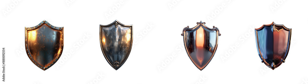 Fototapeta premium Four detailed fantasy shields displayed in a row showcasing varying metal textures on transparent background