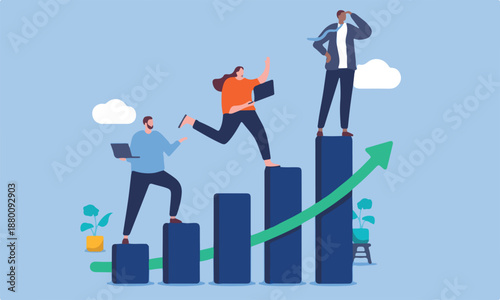 Successful business people teamwork - Team of ambitious businesspeople on rising chart heading for success and triumph. Flat design vector illustration with blue background.