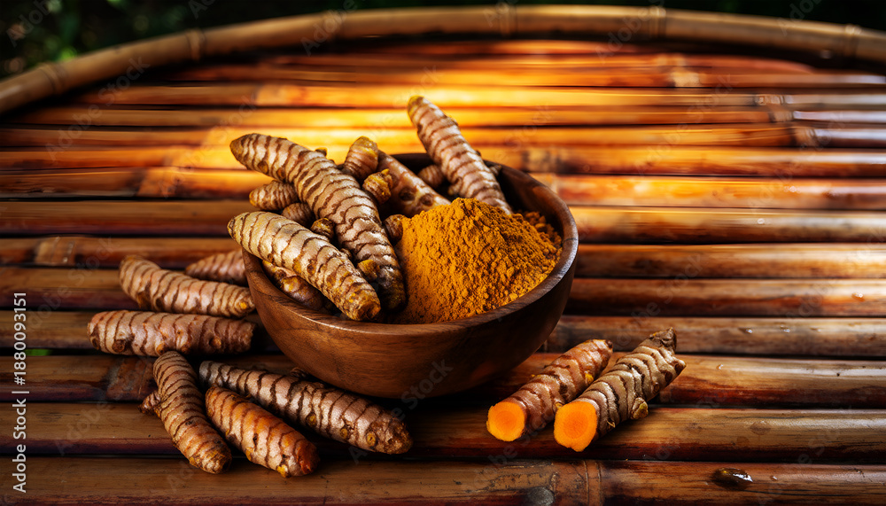 Obraz premium Organic Turmeric Roots and Powder in Wooden Bowl on Rustic Bamboo Background