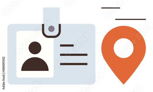 Identity verification, geolocation, navigation, workforce management, digital security, personal data. Badge with profile icon beside location pin. Identity verification and geolocation concept