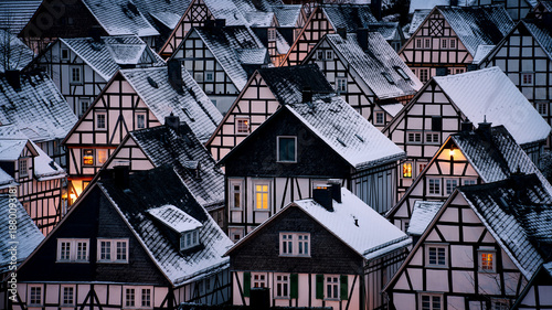 Photography Snow covers rooftops in a village during winter evening, giving a cozy look to t