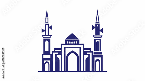 Illustration of a mosque with minarets and dome, showcasing Islamic architecture and cultural heritage in a simple graphic style from a front viewpoint