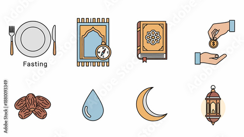 Illustration of Islamic fasting icons including plate, prayer, book, charity, dates, water, moon, and lantern